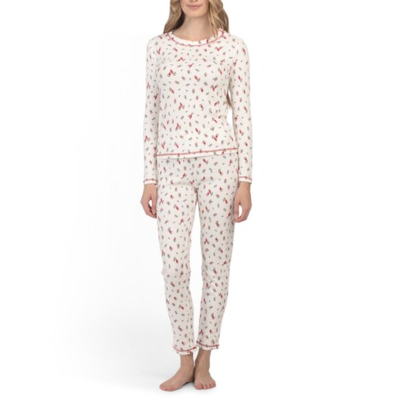 LAURA ASHLEY White 2pc Waffle Knit Cardinal Ditsy Pajama Top And Pants Set - Picture 1 of 2